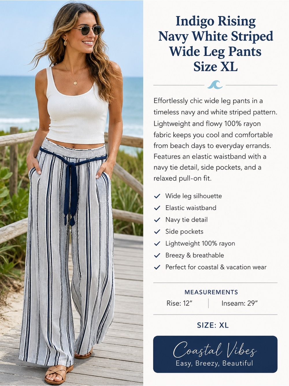 Indigo Rising Navy White Striped Wide Leg Pants XL Coastal Boho Pull On